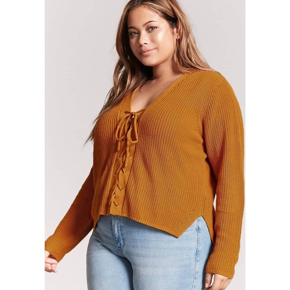 Forever 21 Sweaters - Forever 21 Plus Size Lace Up Knit Sweater Mustard